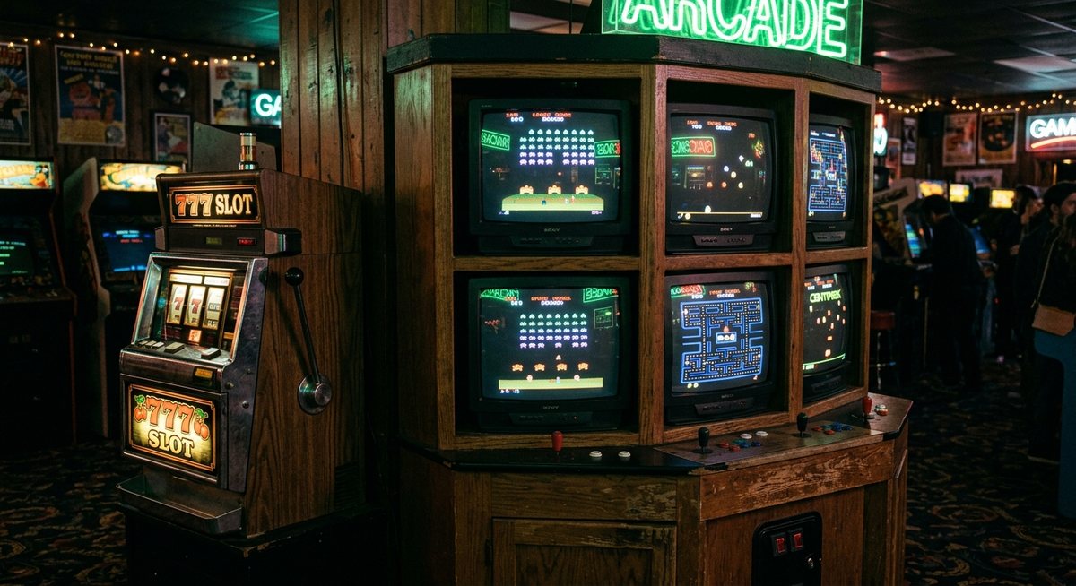 Susunan beberapa monitor tabung tua di kios arcade dengan lampu neon hijau memantul di kaca melengkungnya