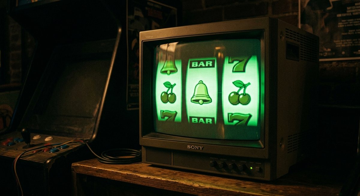 Monitor tabung CRT klasik di ruang gelap menampilkan gulungan slot dengan simbol ceri dan bel bercahaya hijau