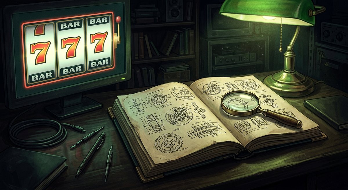 Ilustrasi kamus spesifikasi dengan ikon layar, simbol slot tujuh dan BAR, serta kaca pembesar di meja gelap bercahaya hijau