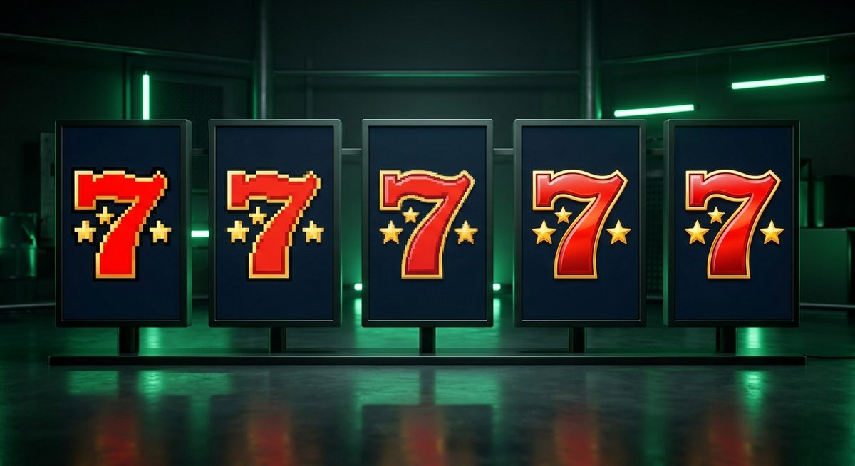 Deret layar dari kiri ke kanan meningkat ketajaman menampilkan gulungan slot dengan simbol tujuh dan BAR dari kasar ke halus
